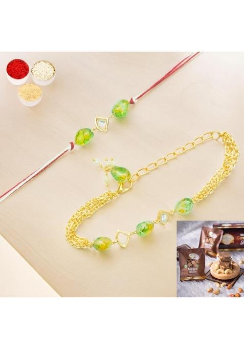 Ghasitaram Gifts Rakhi for Brother Rakhis Online Rmj-4512 Green Bhaiya Bhabhi with MEWA Bite Box