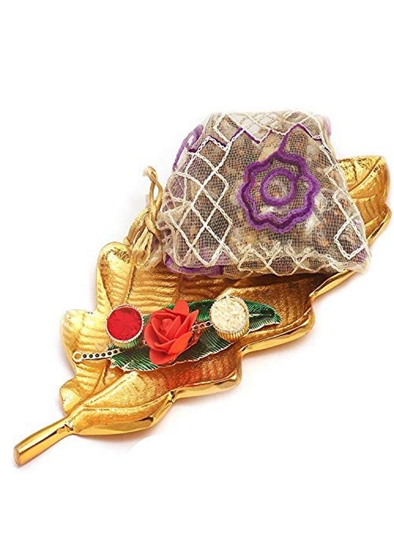 Ghasitaram Gifts Diwali Gift -Golden Leaf Platter with Green Roli Chawal Container and Sugarfree Bites Pouch|Sugar Free Sweets|Diabetic Friendly|Diwali Sugar Sweets Box
