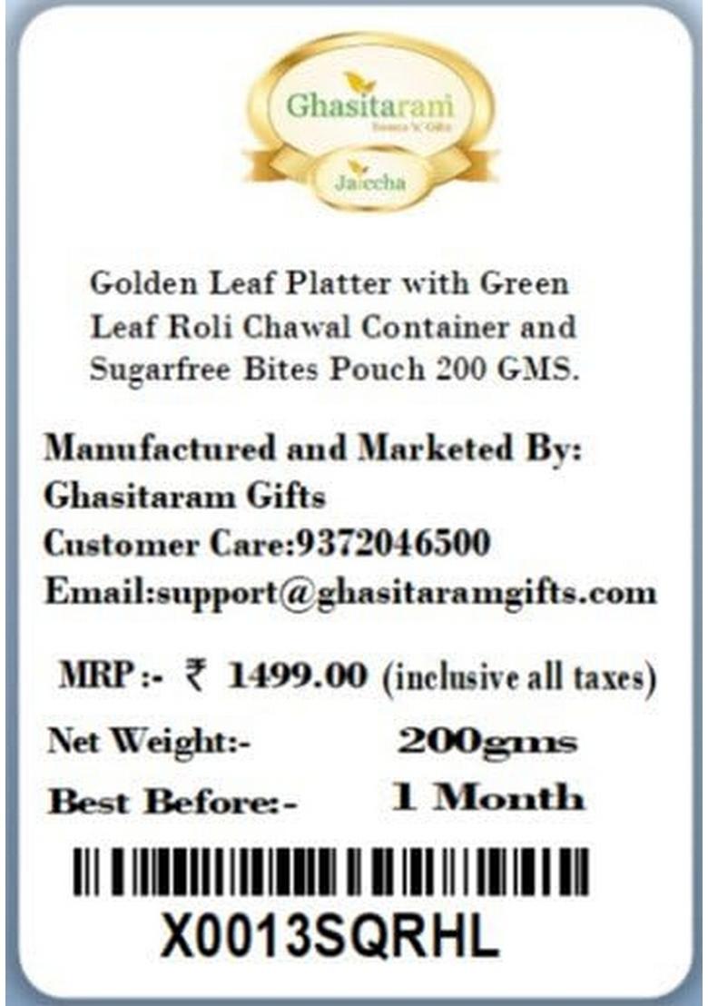Ghasitaram Gifts Diwali Gift -Golden Leaf Platter with Green Roli Chawal Container and Sugarfree Bites Pouch|Sugar Free Sweets|Diabetic Friendly|Diwali Sugar Sweets Box