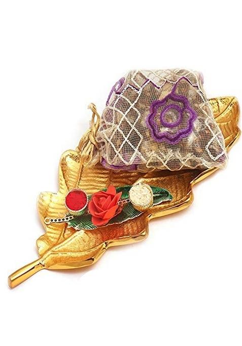 Ghasitaram Gifts Diwali Gift -Golden Leaf Platter with Green Roli Chawal Container and Sugarfree Bites Pouch|Sugar Free Sweets|Diabetic Friendly|Diwali Sugar Sweets Box