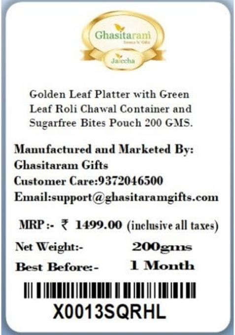 Ghasitaram Gifts Diwali Gift -Golden Leaf Platter with Green Roli Chawal Container and Sugarfree Bites Pouch|Sugar Free Sweets|Diabetic Friendly|Diwali Sugar Sweets Box