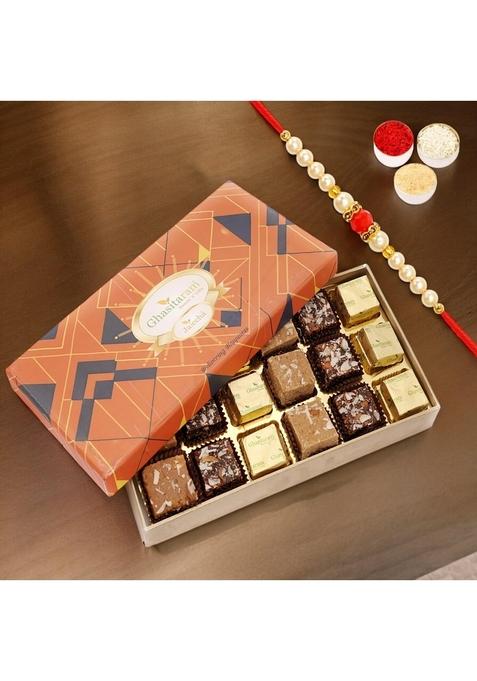 Ghasitaram Gifts Rakhi Gifts/ Sweets - Special Barfis Box 18 pcs in a Designer with Pearl Beads