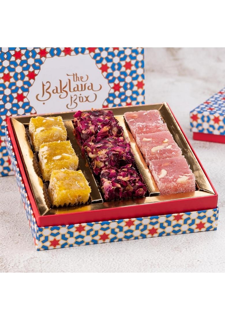 THE BAKLAVA BOX Assorted Turkish Delights- Fruit flavored Delights infused with Imported Nuts 300gms | Premium Gift Bestsellers of Lemon Cashew, Rosepetal and Strawberry Delight