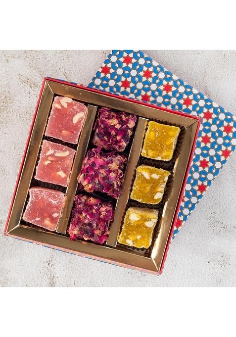 THE BAKLAVA BOX Assorted Turkish Delights- Fruit flavored Delights infused with Imported Nuts 300gms | Premium Gift Bestsellers of Lemon Cashew, Rosepetal and Strawberry Delight