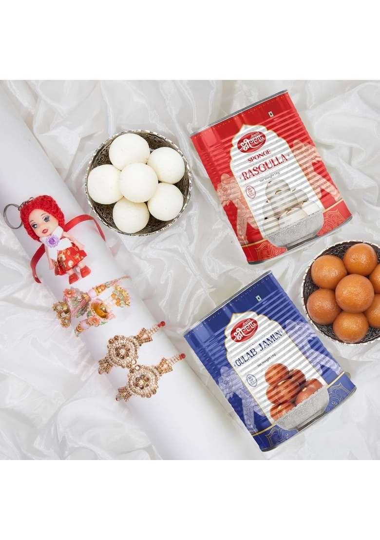 Bikaneri Shree Ganga Rakhi and Sweets Combo, 4 Rakhis, 1 Kids Rakhi, Soft Gulabjamun, Spongy Rasgulla Gift Box - Indya