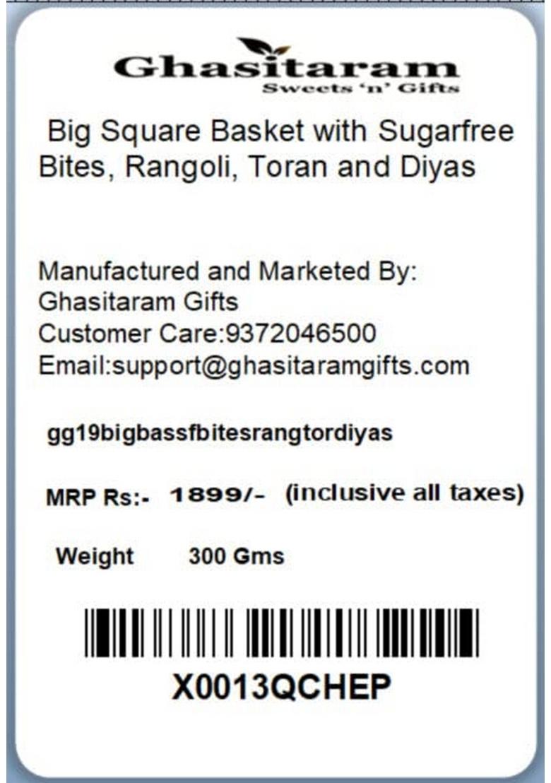Ghasitaram Gifts Diwali Big Square Basket with Sugarfree Bites, Rangoli, Toran and Diyas|Sugar Free Sweets|Diabetic Friendly|Diwali Sugar Sweets Box