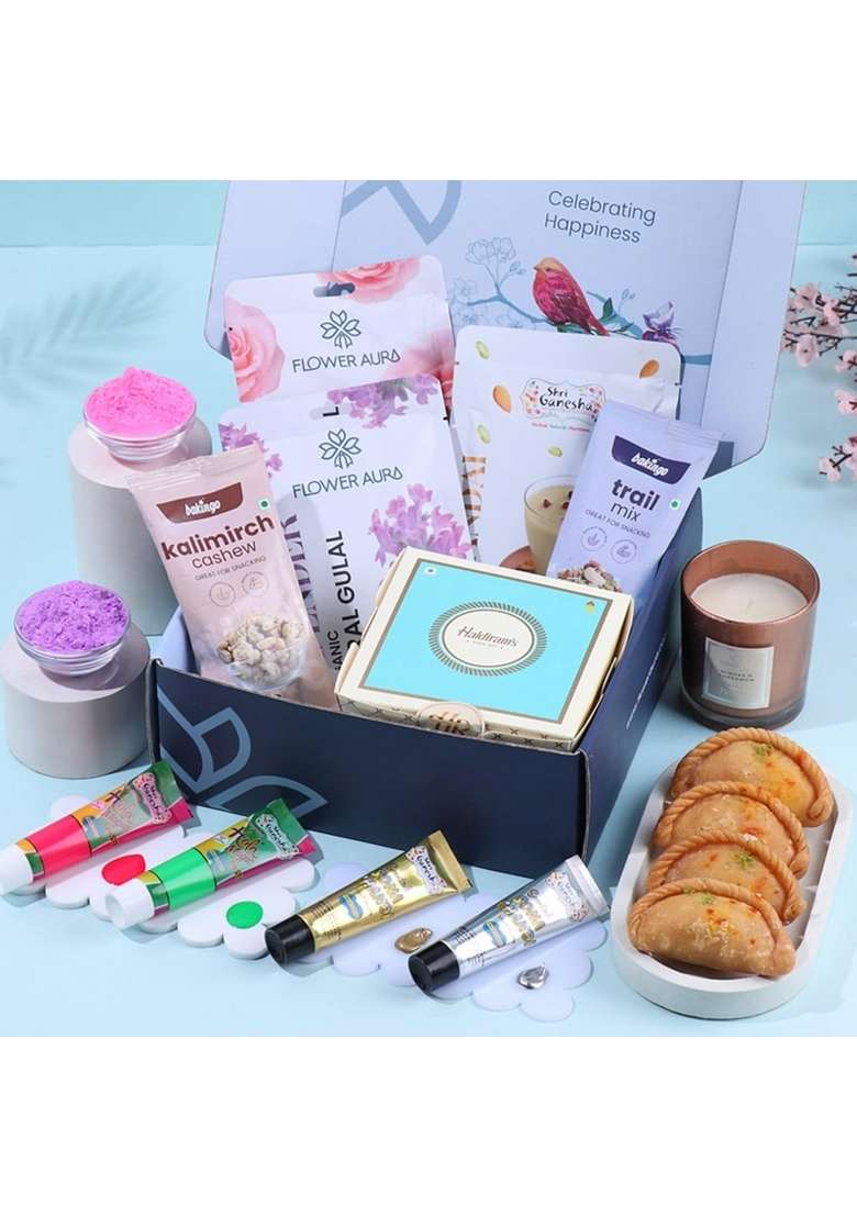 Floweraura Holi Hamper of 2 Gulal, Thandai, Neon Color Tubes, Golden & Silver Trial Mix, Kalimirch Cashew, Scented Candle Gujiya Sweet In Box-100% Organic Gulal | Skin Friendly - Indya