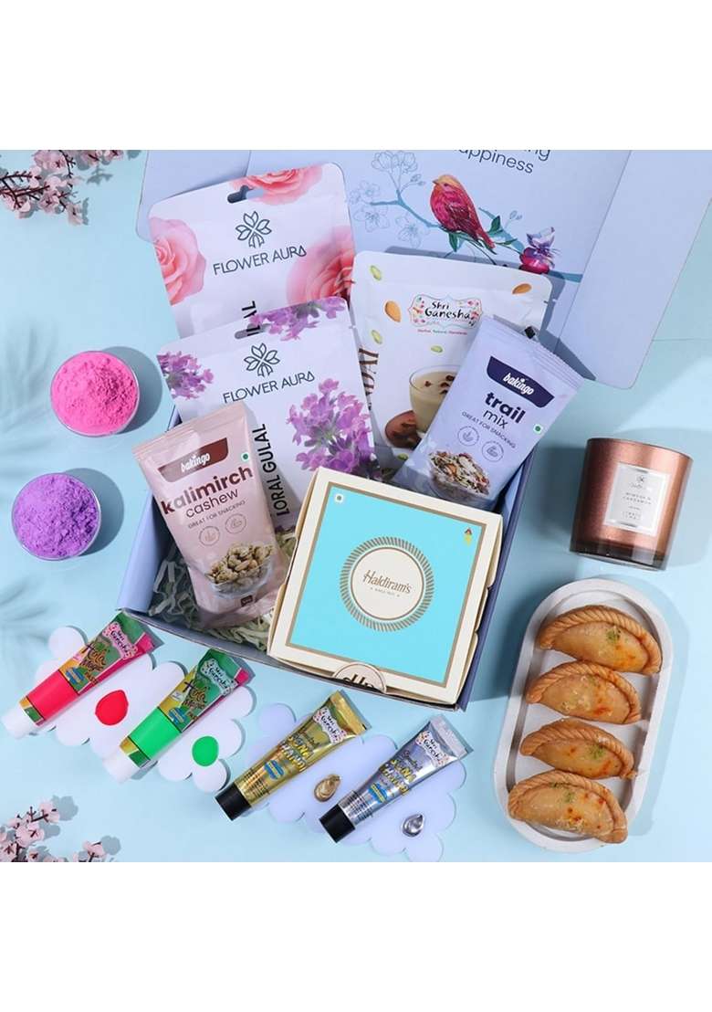 Floweraura Holi Hamper of 2 Gulal, Thandai, Neon Color Tubes, Golden & Silver Trial Mix, Kalimirch Cashew, Scented Candle Gujiya Sweet In Box-100% Organic Gulal | Skin Friendly - Indya