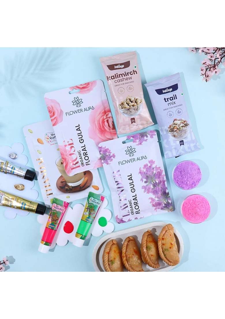 Floweraura Holi Hamper of 2 Gulal, Thandai, Neon Color Tubes, Golden & Silver Trial Mix, Kalimirch Cashew, Scented Candle Gujiya Sweet In Box-100% Organic Gulal | Skin Friendly - Indya