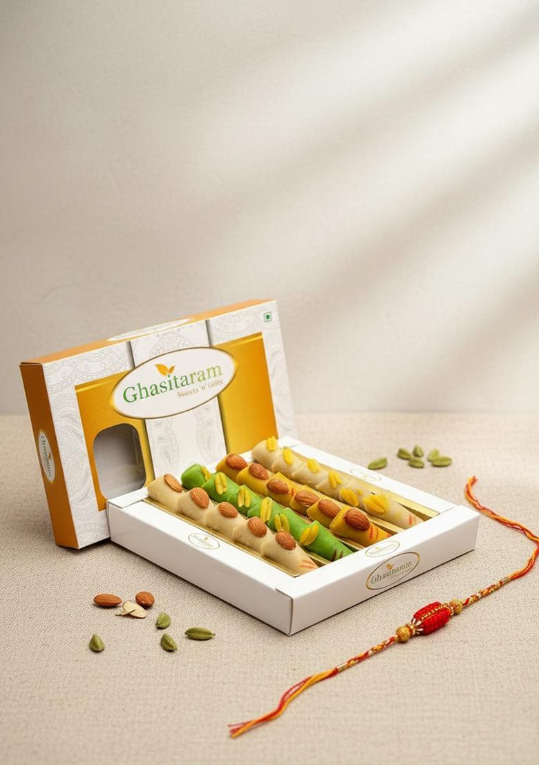 Ghasitaram Gifts Sugar-Free Sweet Roll Box (400g) with Rakhi