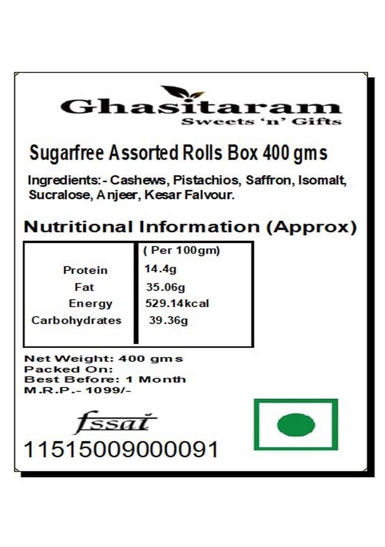 Ghasitaram Gifts Sugar-Free Sweet Roll Box (400g) with Rakhi
