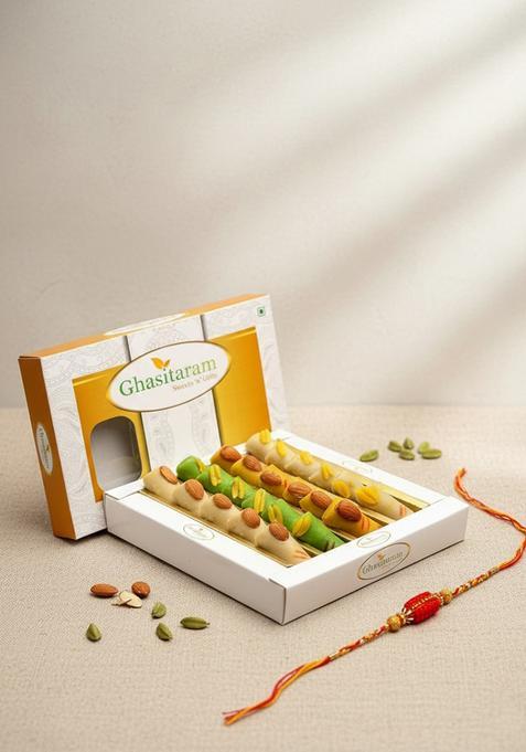 Ghasitaram Gifts Sugar-Free Sweet Roll Box (400g) with Rakhi