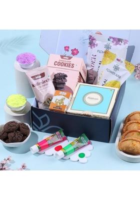 Floweraura Premium Holi Celebration Hamper of 2 Natural Gulal, Gujiya Sweet, Kalimirch Cashew, Choco Cookies, Neon Color Tubes, Chandan Tikka In Box - 100% Organic Gulal | Skin Friendly
