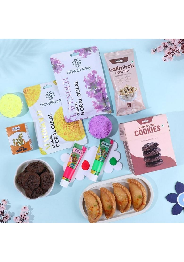 Floweraura Premium Holi Celebration Hamper of 2 Natural Gulal, Gujiya Sweet, Kalimirch Cashew, Choco Cookies, Neon Color Tubes, Chandan Tikka In Box