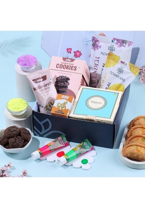 Floweraura Premium Holi Celebration Hamper of 2 Natural Gulal, Gujiya Sweet, Kalimirch Cashew, Choco Cookies, Neon Color Tubes, Chandan Tikka In Box - 100% Organic Gulal | Skin Friendly