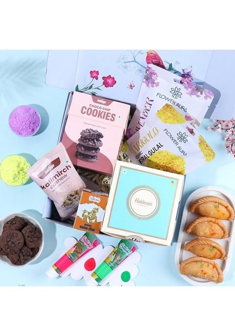 Floweraura Premium Holi Celebration Hamper of 2 Natural Gulal, Gujiya Sweet, Kalimirch Cashew, Choco Cookies, Neon Color Tubes, Chandan Tikka In Box