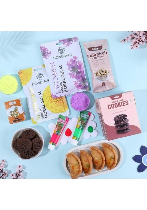 Floweraura Premium Holi Celebration Hamper of 2 Natural Gulal, Gujiya Sweet, Kalimirch Cashew, Choco Cookies, Neon Color Tubes, Chandan Tikka In Box