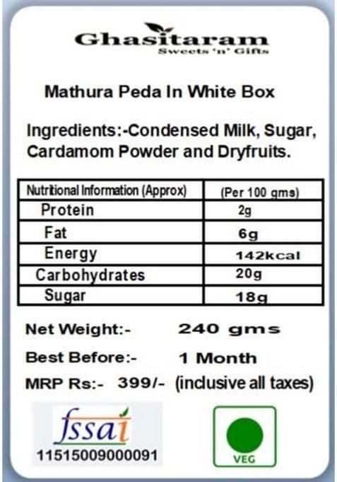 Ghasitaram Gifts Bhaidooj Gifts- Mathura Peda In White Box