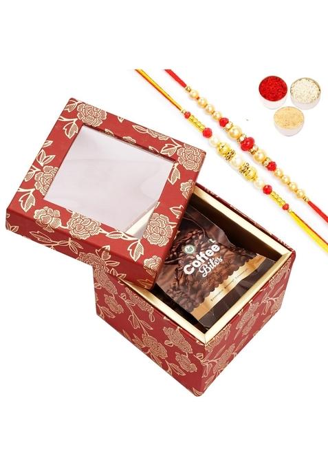 Ghasitaram Gifts Rakhi - Red Printed Fancy Box with Bites 2 Rakhis