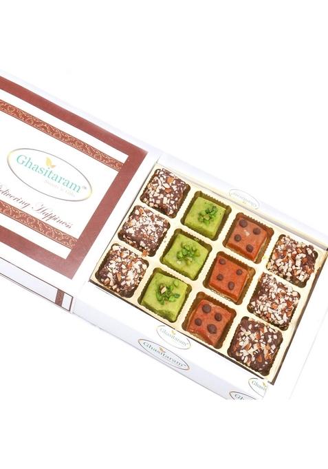 Ghasitaram Gifts Pista Barfi, Besan Barfi and English Brittle Chocolates in White Box|Gift Hamper| Diwali Gift Hamper|Food Hampers|Gourmet Hampers|