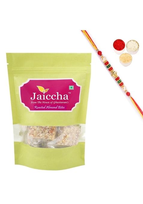 Ghasitaram Gifts Rakhi Gifts/ Sweets - Roasted Almond Bites 200 GMS in Green Paper Pouch with Pearl Beads