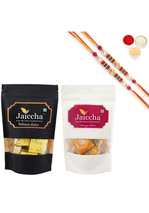 Ghasitaram Gifts Rakhi Gifts/ Sweets - Pack of 2 MEWA Bites 100 GMS and Mango Pouches with Pearl Beads Rakhis