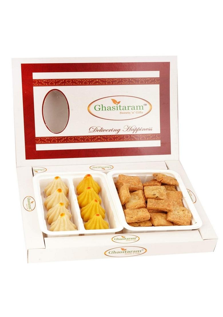 Ghasitaram Gifts Ganesha Chaturthi White Box of Mawa and Methi Mathi |Gift for Diwali,Holi,Rakhi,Valentine,Christmas,Birthday,Anniversary,Gift Her,Him,Mothers Day,Fathers Day|
