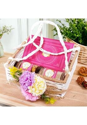 Ghasitaram Gifts Holi Sweets/ Gift/ Hampers/ Thandai Jute Square Flower Basket of Gujiyas, Bhakar Wadi and Thandai|Gift Hamper| Diwali Gift Hamper|Food Hampers|Gourmet Hampers|