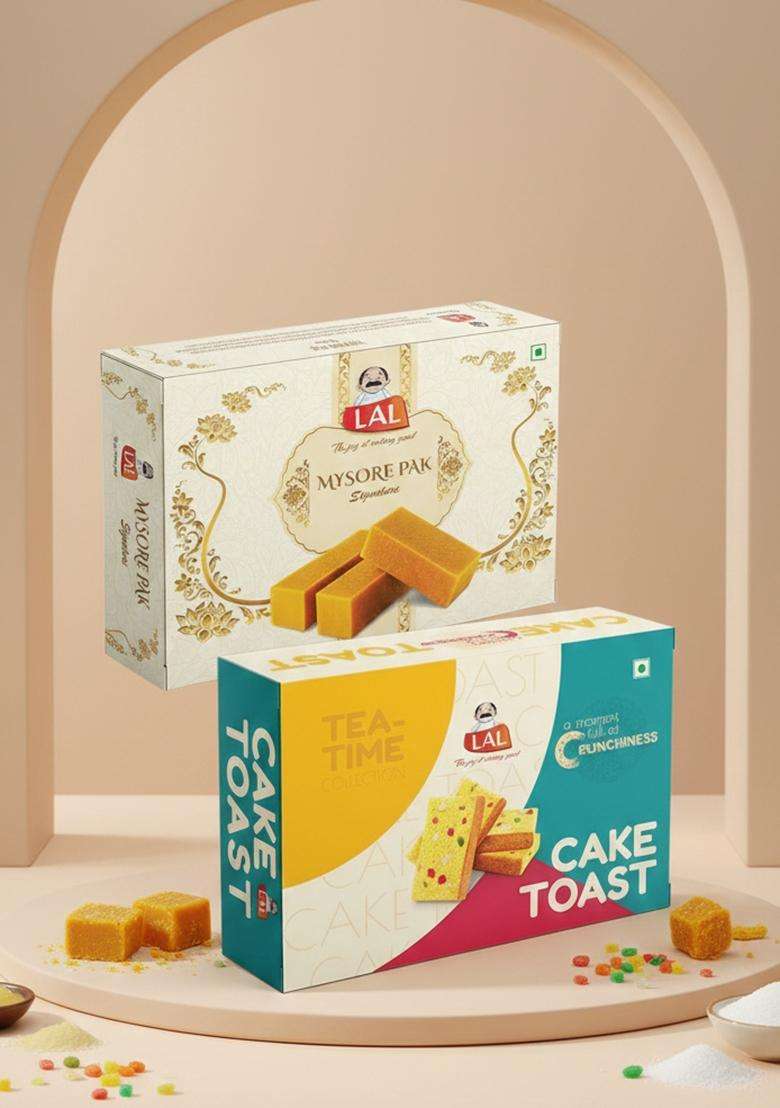 Lal Sweets Combo Pack Of Mysore Pak 400g & Cake Toast 300g || Made with Cow ghee Rusk Chai time Tea Snacks - Indya
