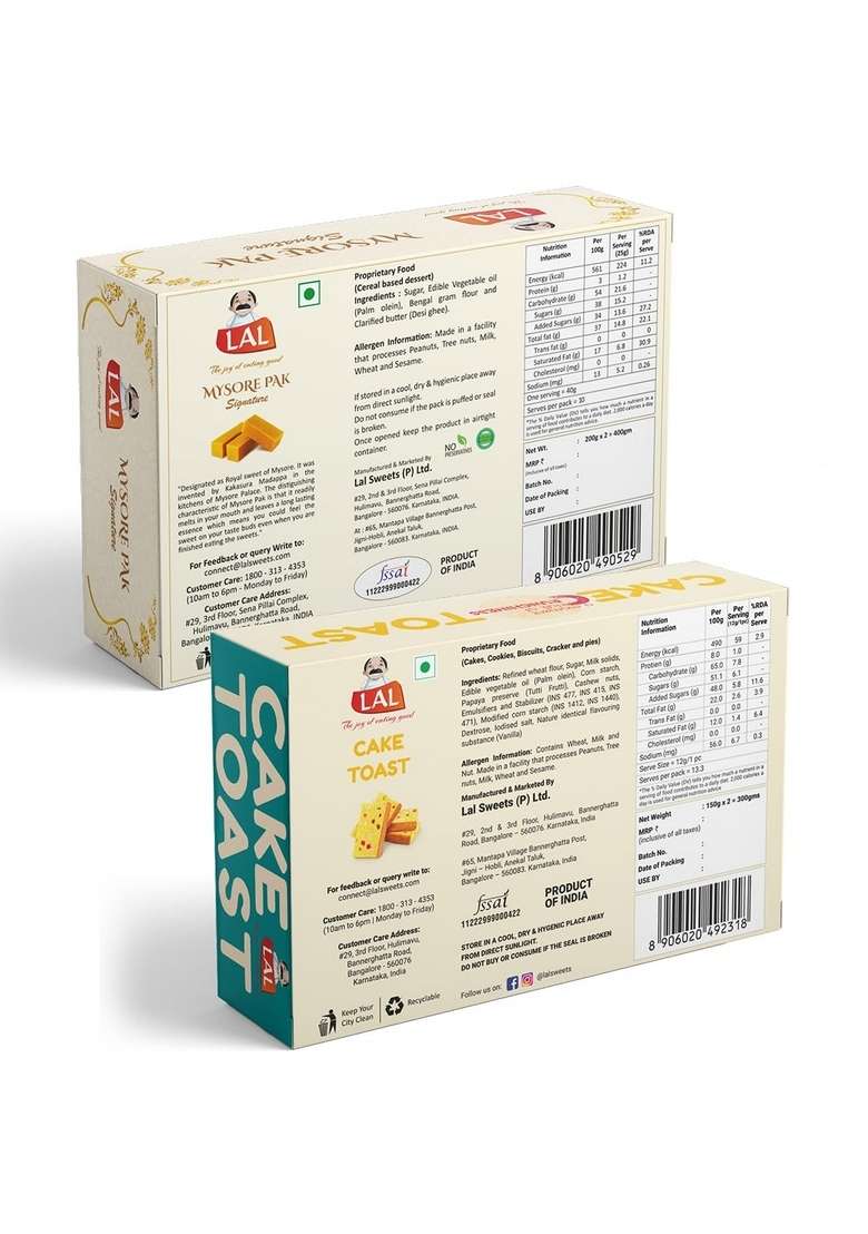 Lal Sweets Combo Pack Of Mysore Pak 400g & Cake Toast 300g || Made with Cow ghee Rusk Chai time Tea Snacks - Indya