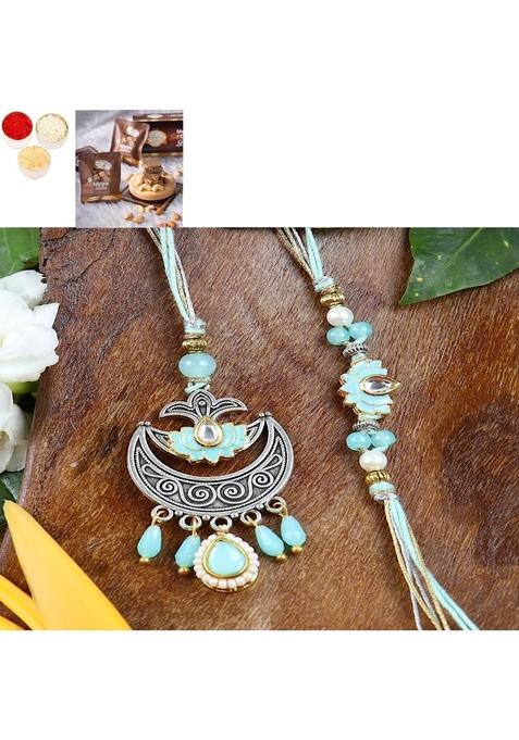 Ghasitaram Gifts Rakhi for Brother Rakhis Online LS24-049- Metal and Kundan Bhaiya Bhabhi with MEWA Bite Box