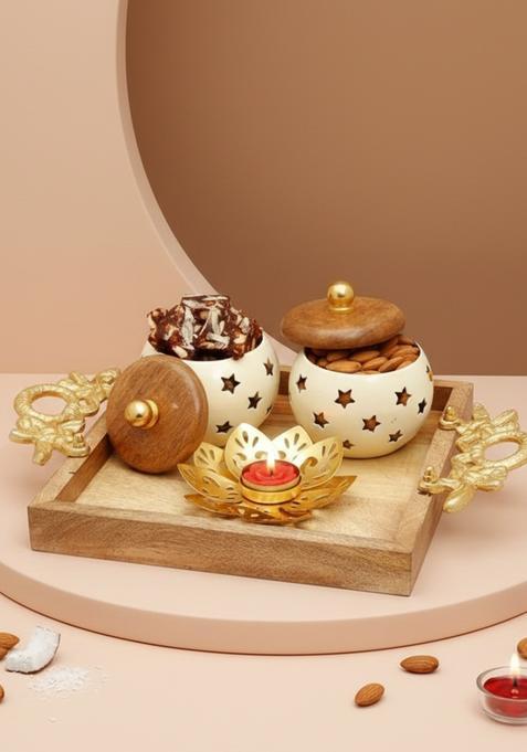 Ghasitaram Gifts Square Wooden Pooja thali/Platter with Almonds and Sugarfree Mix jar Golden T-Lite|Sugar Free Sweets|Diabetic Friendly|Diwali Sugar Sweets Box