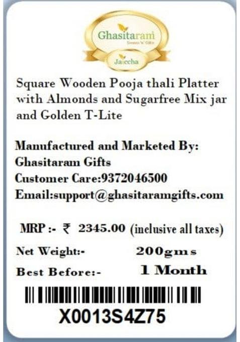 Ghasitaram Gifts Square Wooden Pooja thali/Platter with Almonds and Sugarfree Mix jar Golden T-Lite|Sugar Free Sweets|Diabetic Friendly|Diwali Sugar Sweets Box