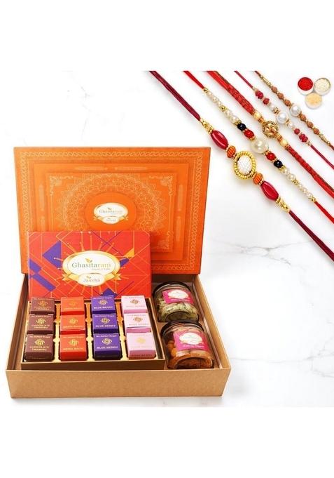 Ghasitaram Gifts Rakhi for Brothers Orange Hamper Box with sugarfree mewa bites bites,Crunchy Cashew and Flavour Raisins Jarwith 5 Rakhis
