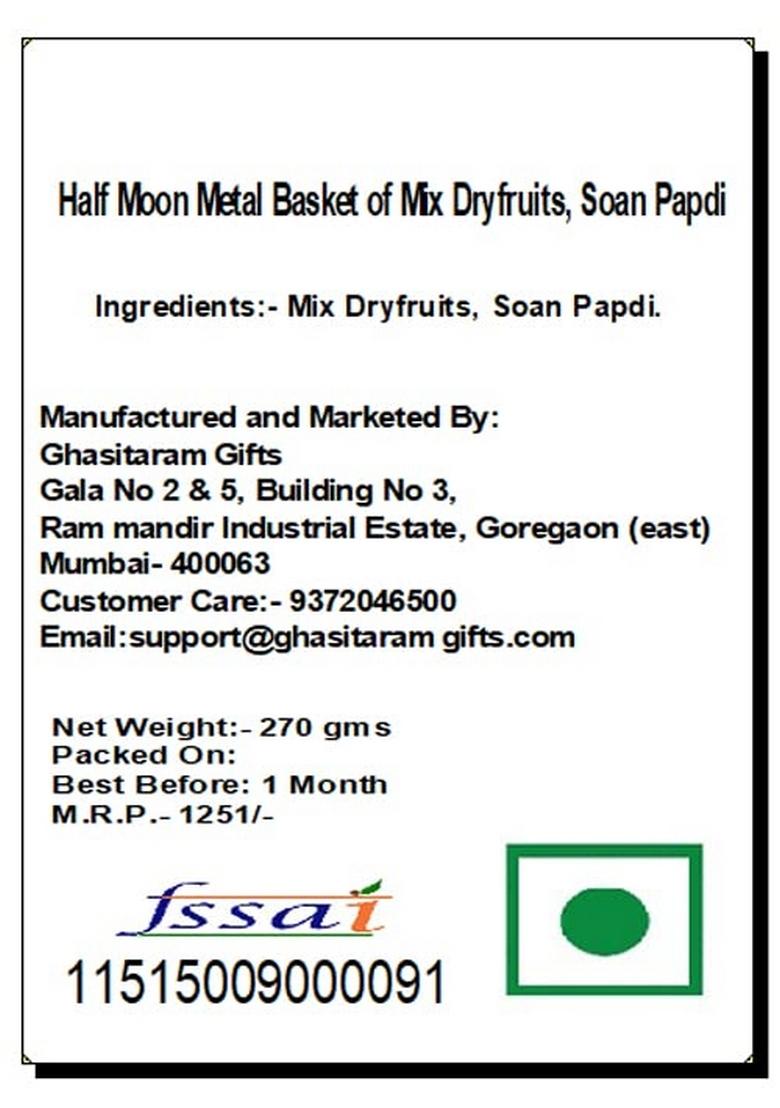 Ghasitaram Half Moon Metal Basket of Mix Dryfruits, Soan Papdi |Dry Fruit Combo Pack Offer|Dry Gift Pack|Dry Box|Diwali Dry Box|