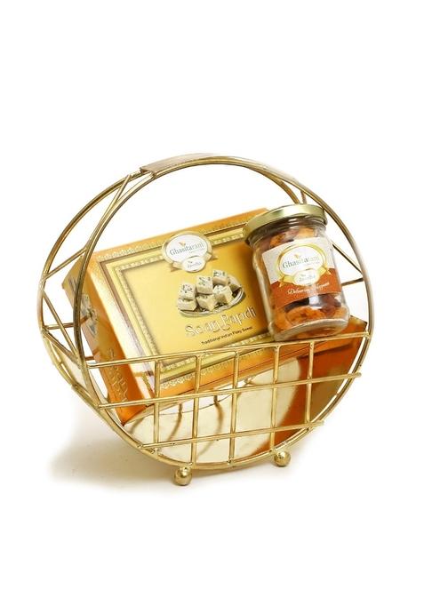Ghasitaram Half Moon Metal Basket of Mix Dryfruits, Soan Papdi |Dry Fruit Combo Pack Offer|Dry Gift Pack|Dry Box|Diwali Dry Box|
