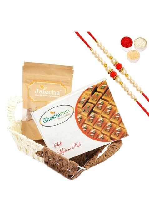Ghasitaram Gifts Rakhi Gifts/ Sweets - Small Metal Brown Basket of Mysore Pak and Almonds with 2 Pearl Beads Rakhis