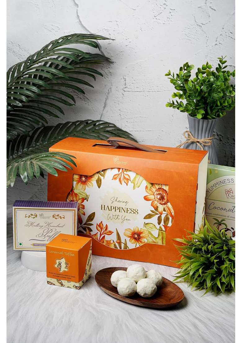 Chocovic Rakhi Gift Hamper Sharing Happiness With You Orange | Assorted Indian Snacks & Sweets Makhana, Lychee Swirl, Coconut, Amrud Papad, Moong Dal, Supali Raksha Bandhan Box - Indya