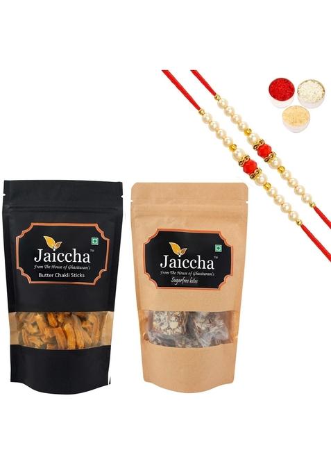 Ghasitaram Gifts Rakhi Gifts/ Sweets - Best of 2 Suagrfree Bites 200 GMS and Butter Chakli Sticks 100 Pouch with Pearl Beads Rakhis