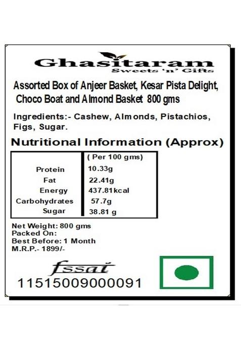 Ghasitaram Gifts Diwali Sweets Assorted Box of Anjeer Basket,Kesar Pista Delight,Choco Boat & Almond Basket Hamper 800 GMS|Sweets|Sweets Gift Pack|Diwali Sweets|Indian Mithai|Diwali Box|
