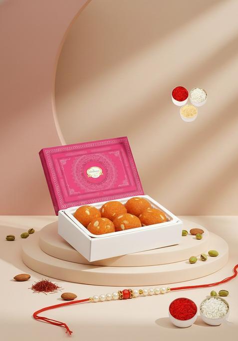 Ghasitaram Gifts Rakhi for Brothers Sugarfree Motichoor Ladoo Box 200 GMS with Beads
