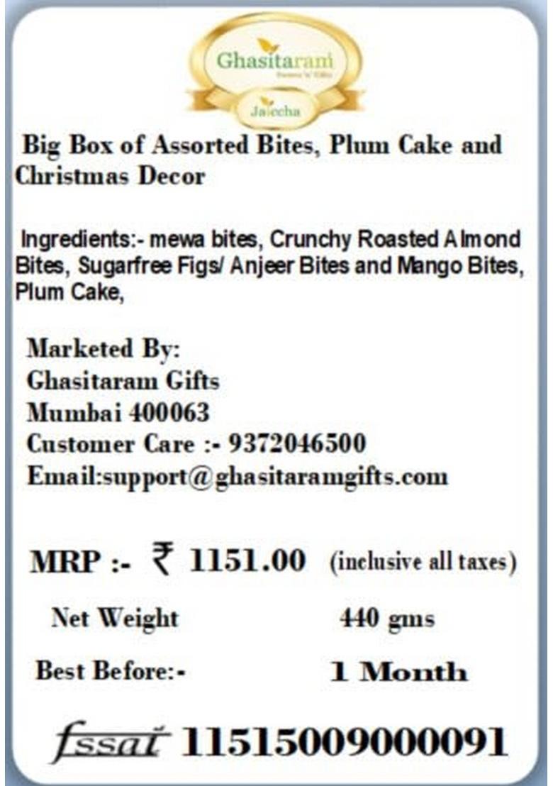 Ghasitaram Gifts Christmas Big Box of Assorted Bites, Plum Cake and Decor