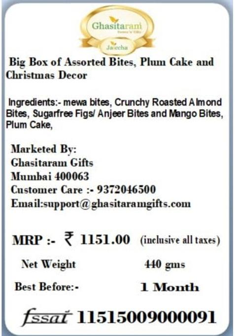 Ghasitaram Gifts Christmas Big Box of Assorted Bites, Plum Cake and Decor