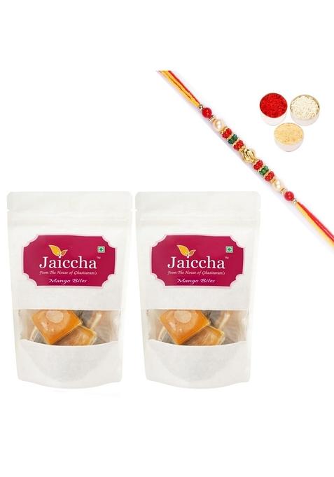 Ghasitaram Gifts Rakhi Gifts/ Sweets - Mango Bites 400 GMS in White Paper Pouch with Pearl Beads