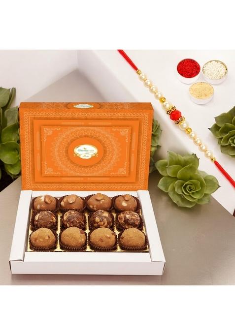 Ghasitaram Gifts Rakhi - Assorted laddoos Box 12 Pcs with Pearl Beads