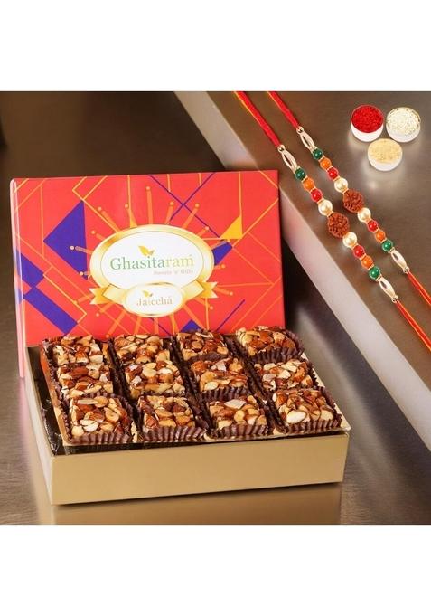 Ghasitaram Gifts Rakhi for Brother Sugarfree Almond Delight in Premium Box 12 pcs with 2 Rudraksh rakhis