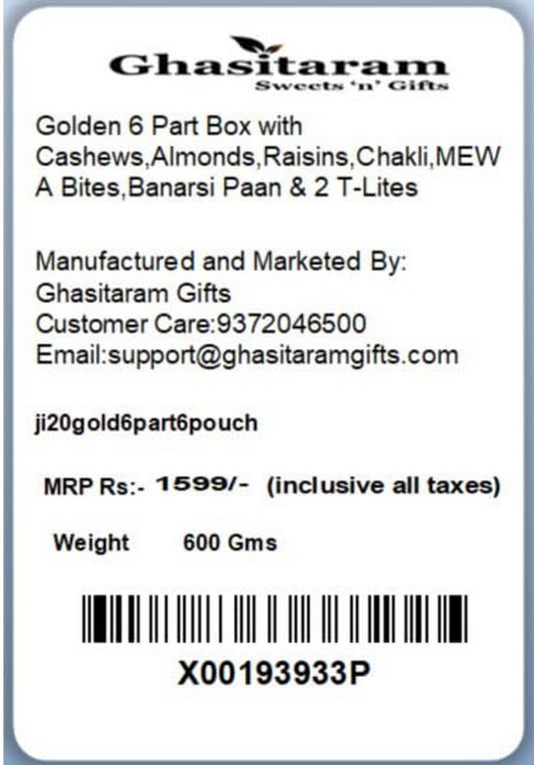 Ghasitaram Golden 6 Part Box with Cashews,Almonds,Raisins,Chakli,MEWA Bites,Banarsi Flavoured & 2 T-Lites|Dryfruit Gift Hamper|Diwali Dry Fruit|Food Gourmet Hampers|Dry Fruit|Dryfruit Hamper