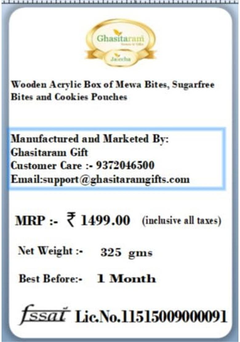 Ghasitaram Gifts Rakhi for Brothers Wooden Acrylic Box of MEWA Bites, Sugarfree Bites and Cookies Pouches with 2 rakhis
