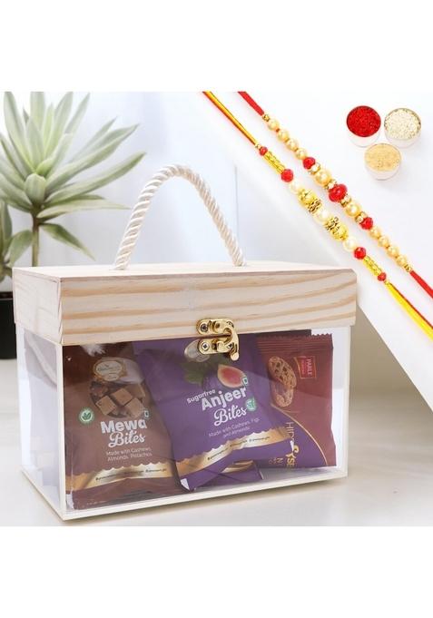 Ghasitaram Gifts Rakhi for Brothers Wooden Acrylic Box of MEWA Bites, Sugarfree Bites and Cookies Pouches with 2 rakhis