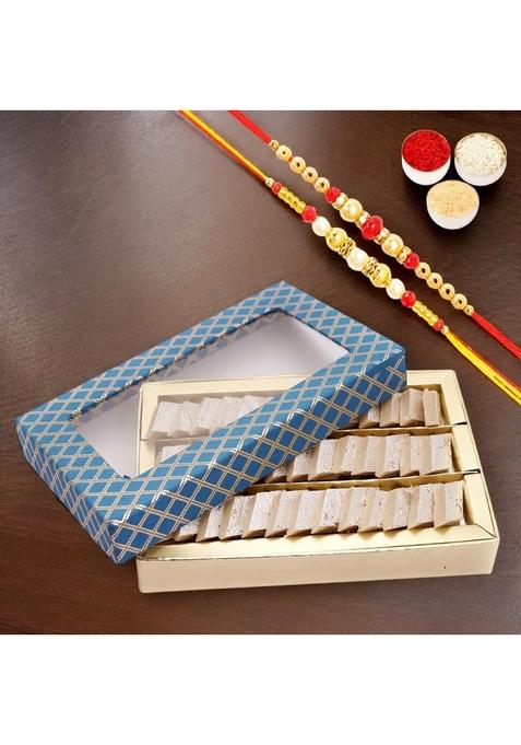 Ghasitaram Gifts Rakhi for Brothers - Mini Kaju Katli Blue Box with 2 Rakhis